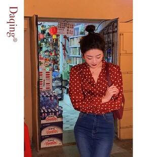 大码复古港风女装胖mm新款衬衣显瘦雪纺衫波点红色衬衫女洋气时尚