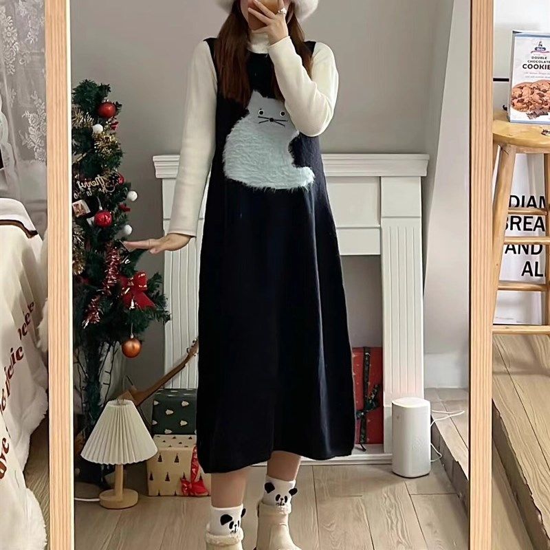 中长款毛衣裙女春秋冬甜美猫咪小个子无袖马甲背心打底针织连衣裙