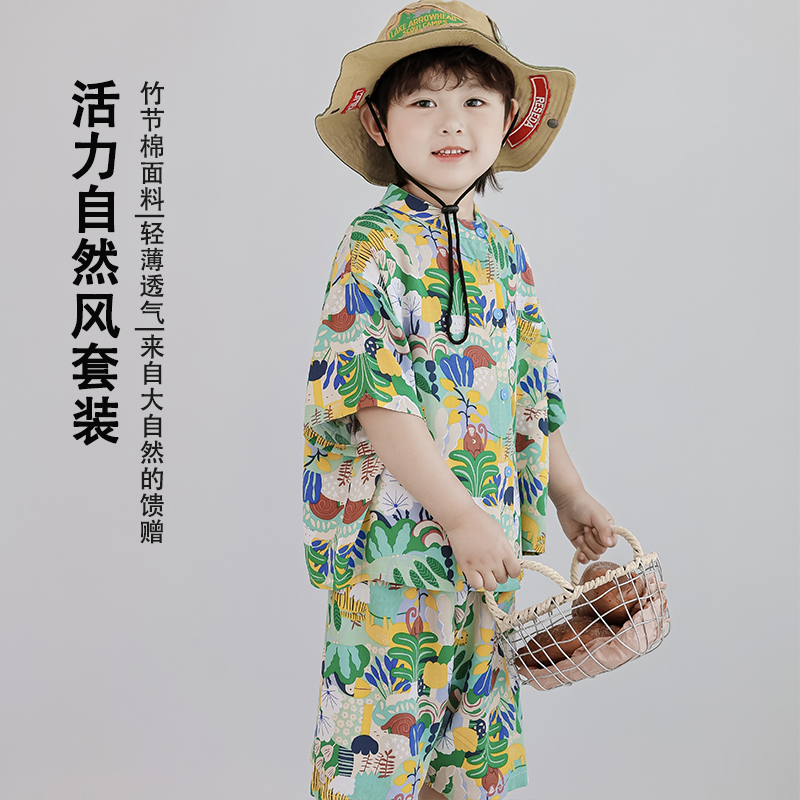 童装儿童竹节棉套装夏男童短袖短裤衬衫小童宝宝夏装海边沙滩衣服