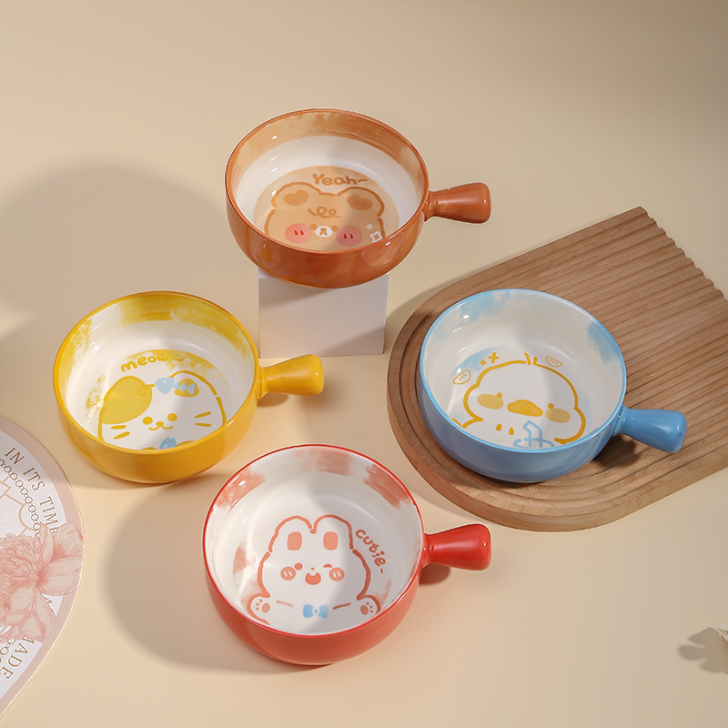 萌宠可爱陶瓷手柄碗餐具家用高颜值大号网红款手把碗饭烤碗