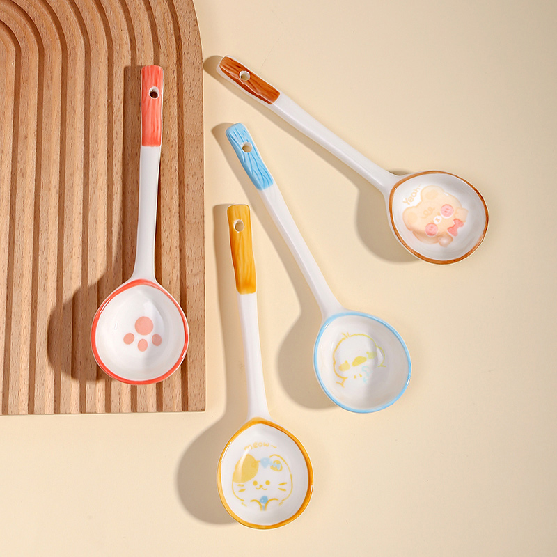 萌宠卡通可爱网红陶瓷长柄汤勺子*4个甜品勺调羹餐具小勺套装