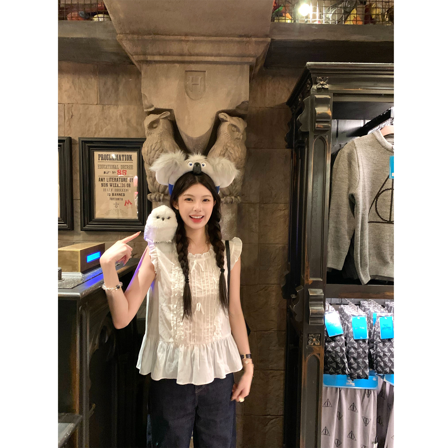 秋梨只 甜美蝴蝶结飞飞袖木耳边圆领短袖衫设计感显瘦娃娃衫女夏