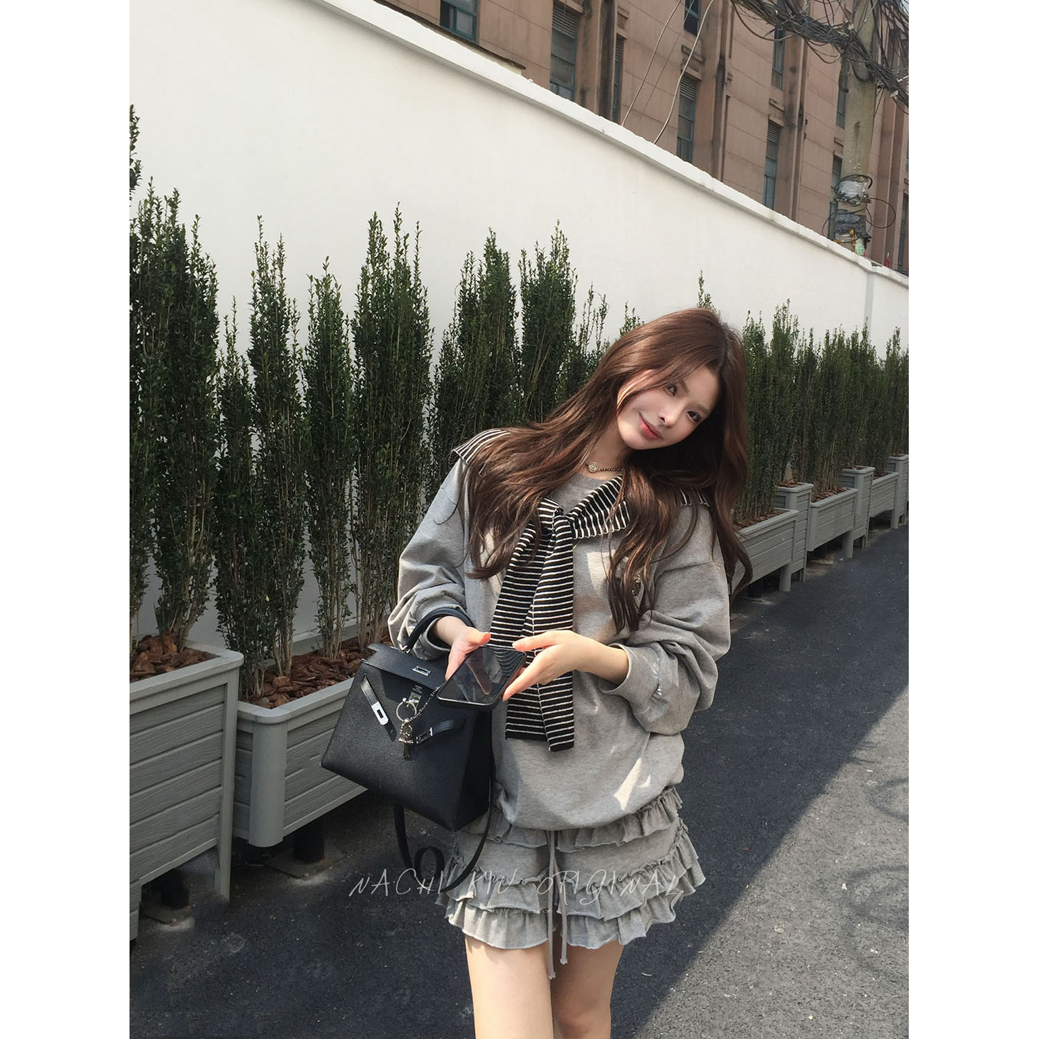 秋梨只 preference懒人灰色纯棉卫衣套装裙装长/短袖T恤两件套女