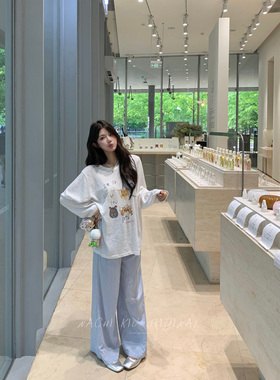 秋梨只 夏日百搭神裤夹蕾丝花边 慵懒风蓝色休闲阔腿防晒凉凉裤女