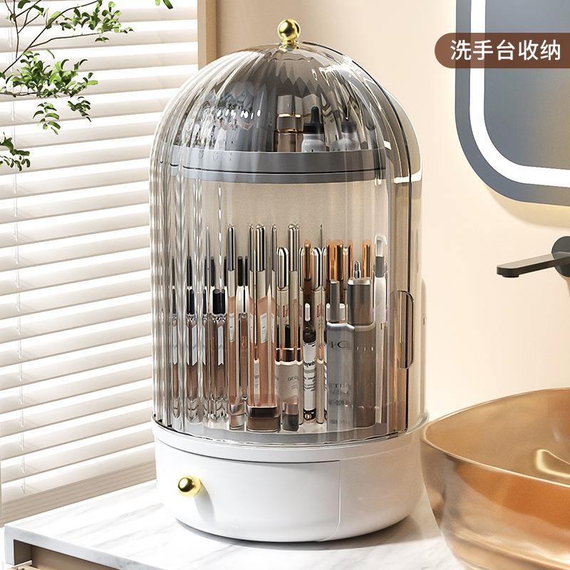 跨境桌面首饰盒透明护肤品收纳柜360°旋转防尘抽屉化妆品收纳盒