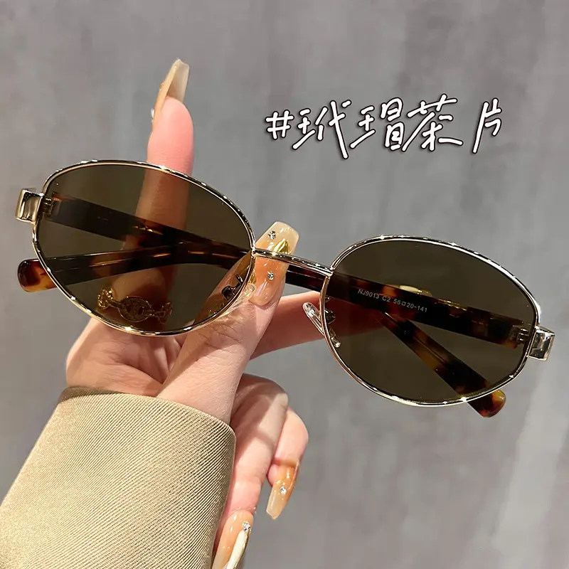 复古老钱风茶色墨镜女款玳瑁高级偏光防紫外线椭圆太阳镜猫也眼镜