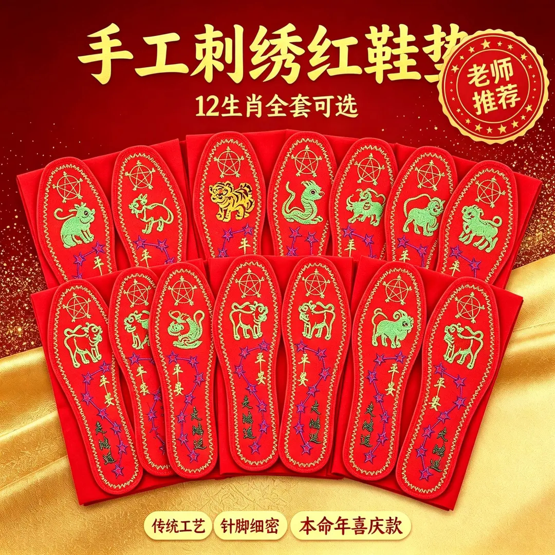 十二生肖手工十字绣鞋手工刺绣红鞋垫软底绣花透气吸汗防臭男女款