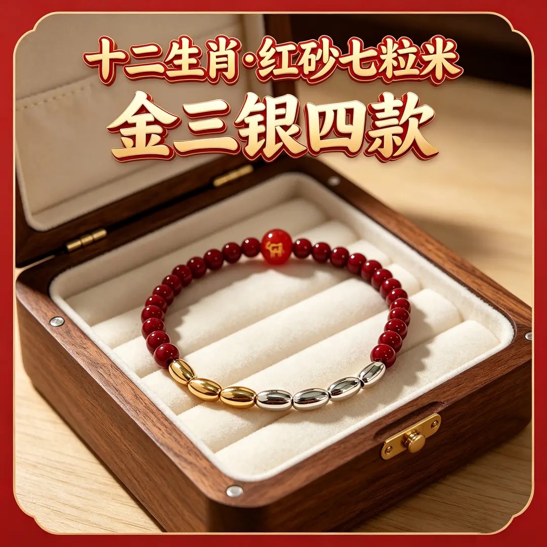 十二生肖红砂七粒米手链金三银四款男女朱砂手串祝福红色百搭首饰