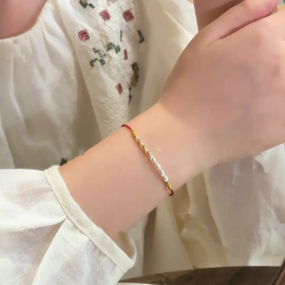 合金七粒米手工编织红绳手链祈福可调节首饰链脚链男女款精致手环