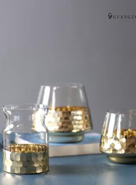 现代简约轻奢金色蜂窝玻璃油灯桌花瓶摆件家装饰品小号创意软装饰
