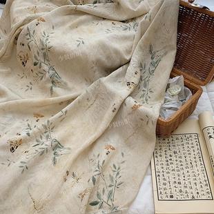 古风唐装 国风复古布料 汉服旗袍布料植物印花面料 新中式 庄生梦蝶