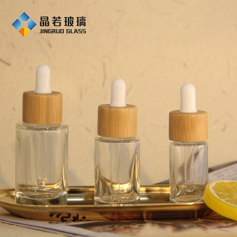 现货小容量15ml-30ml原生竹圈平肩瓶磨砂精华原液瓶精油滴管瓶