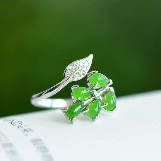 【璇姐专享】11439# 925银镶和田碧玉(3*5)水滴树叶拼镶戒指(银色