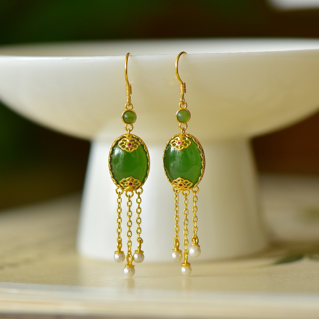 【璇姐专享】925银镶和田碧玉蛋面配珍珠流苏耳钩耳环