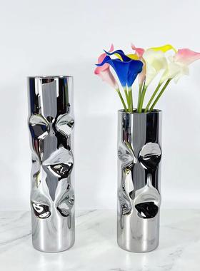 现代简约欧式圆柱夹扁造型玻璃花插花器摆件样板房售楼处软装饰品