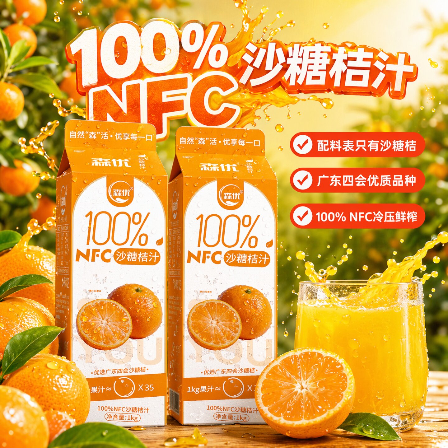 森优 100%NFC纯沙糖桔汁非浓缩还原果汁饮料过年货聚餐送礼盒1L装