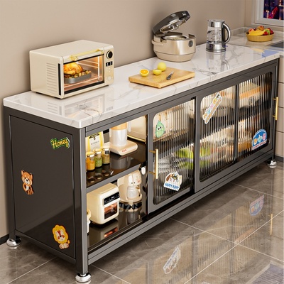 岩板厨房置物架落地多层餐边推拉门橱柜多功能小家电收纳储物柜子