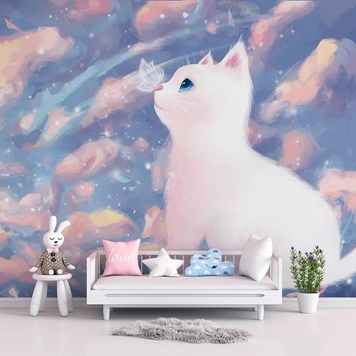 卡通猫咪儿童房墙布卧室床头电视