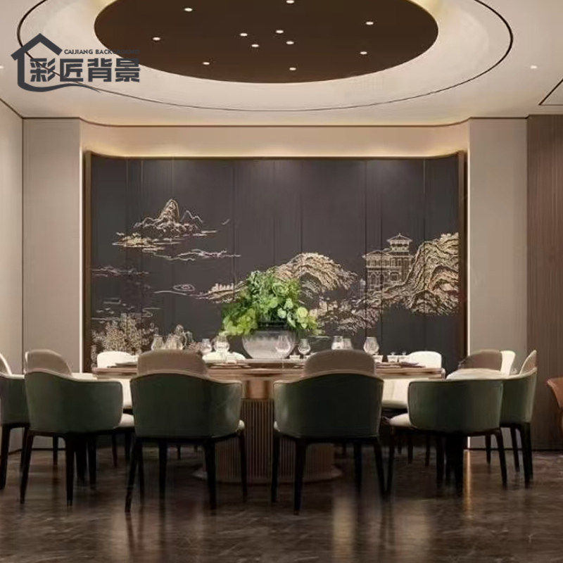新中式刺绣硬包背景墙酒店会所餐厅包厢硬包浮雕墙布茶楼装饰壁画