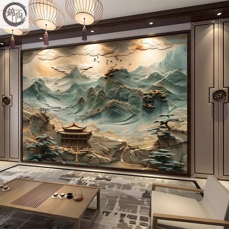 8D浮雕中式山水画集成板风景集成碳晶板办公客厅电视背景墙护墙板