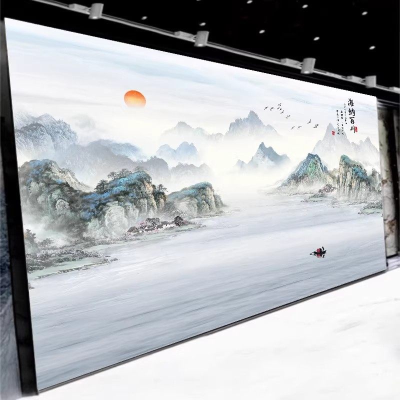 新中式竹木纤维电视背景墙集成墙板水墨山水画碳晶板影视墙护墙板