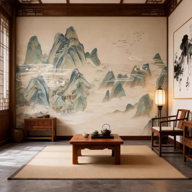 电视背景墙护墙板新款中式茶室客厅山水装饰壁画纤维集成碳晶墙板