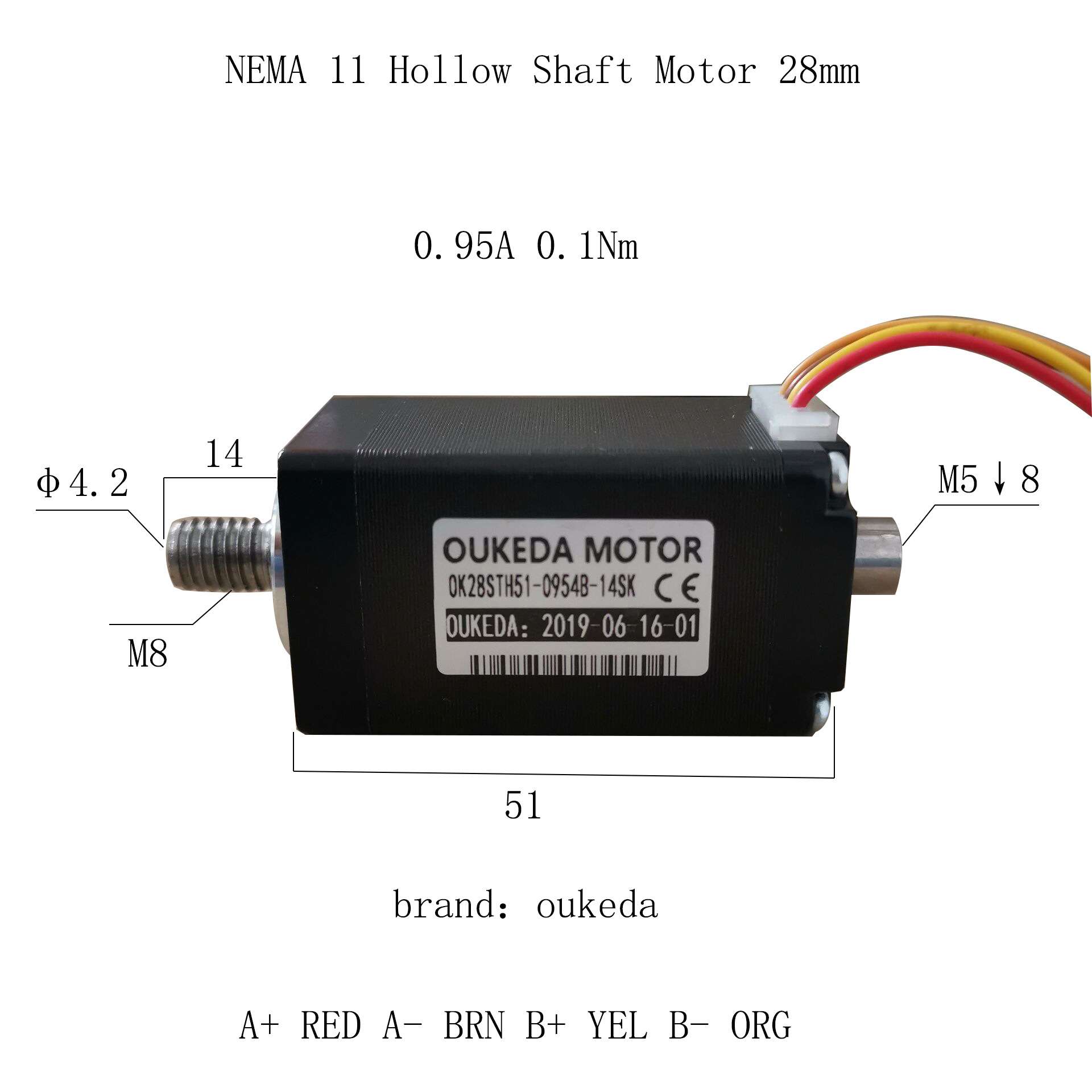 OK28STH51-0954B-14SK NEMA11 Hollow Shaft Motor 28mm 0.95A