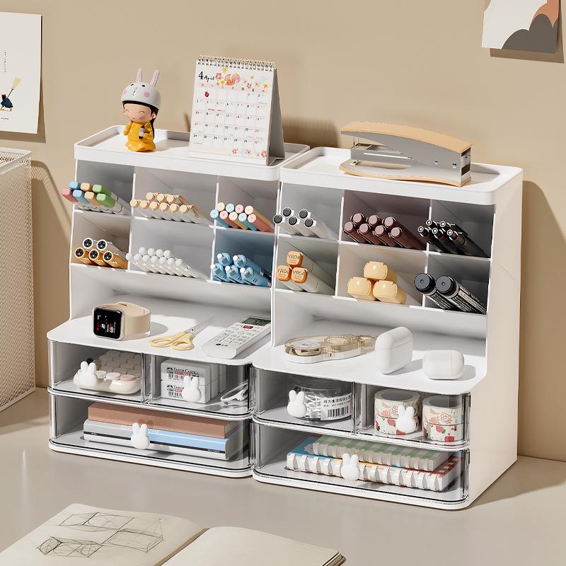 塑料创意大容量笔筒透明抽屉收纳盒儿童女孩学生办公室桌面摆件子