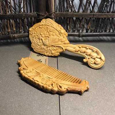 新款直销中秋礼品教师节礼品崖柏木梳凤凰梳镜套装梳子 双面雕刻
