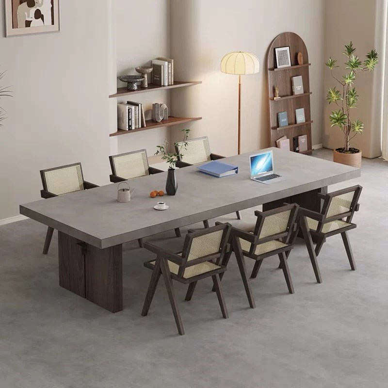 侘寂风实木办公桌工业风会议桌长桌复古仿水泥书桌原木大板工作台