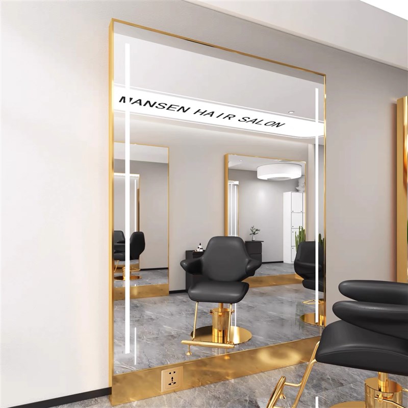 轻奢网红理发店镜台美发店镜子带灯发廊剪发镜单面靠墙落地镜