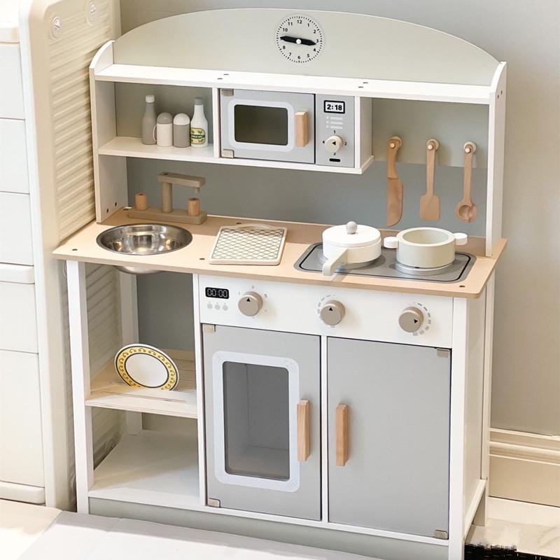 日式儿童厨房加高款过家家玩具宝宝做饭厨具木制男女孩小卖部