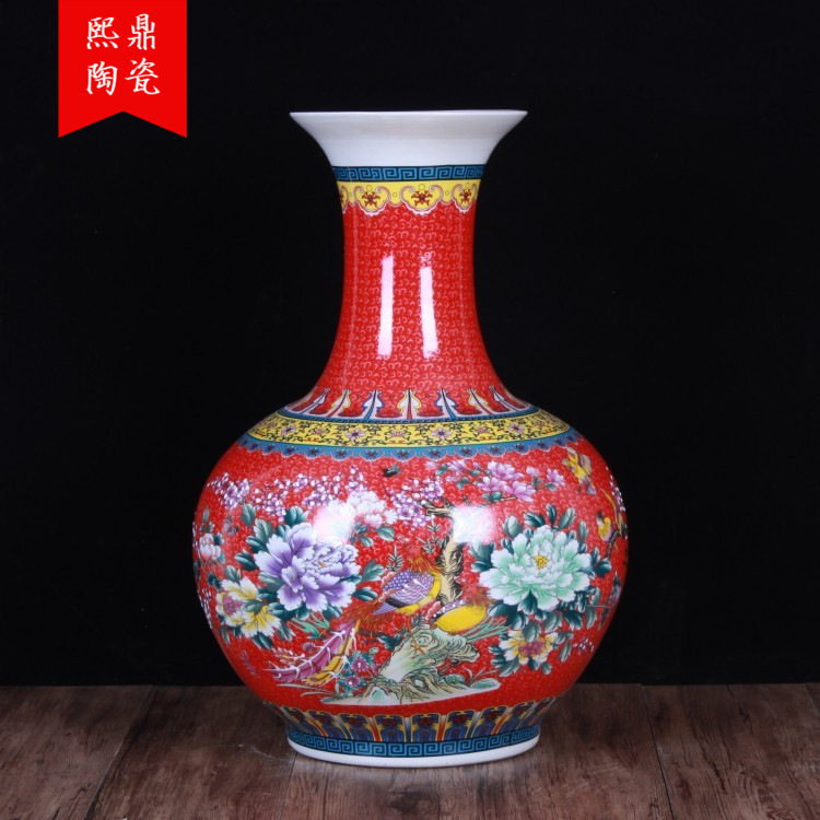 陶瓷花瓶 釉上彩红色花鸟大号赏瓶 复古陶瓷家居玄关摆设摆件批发