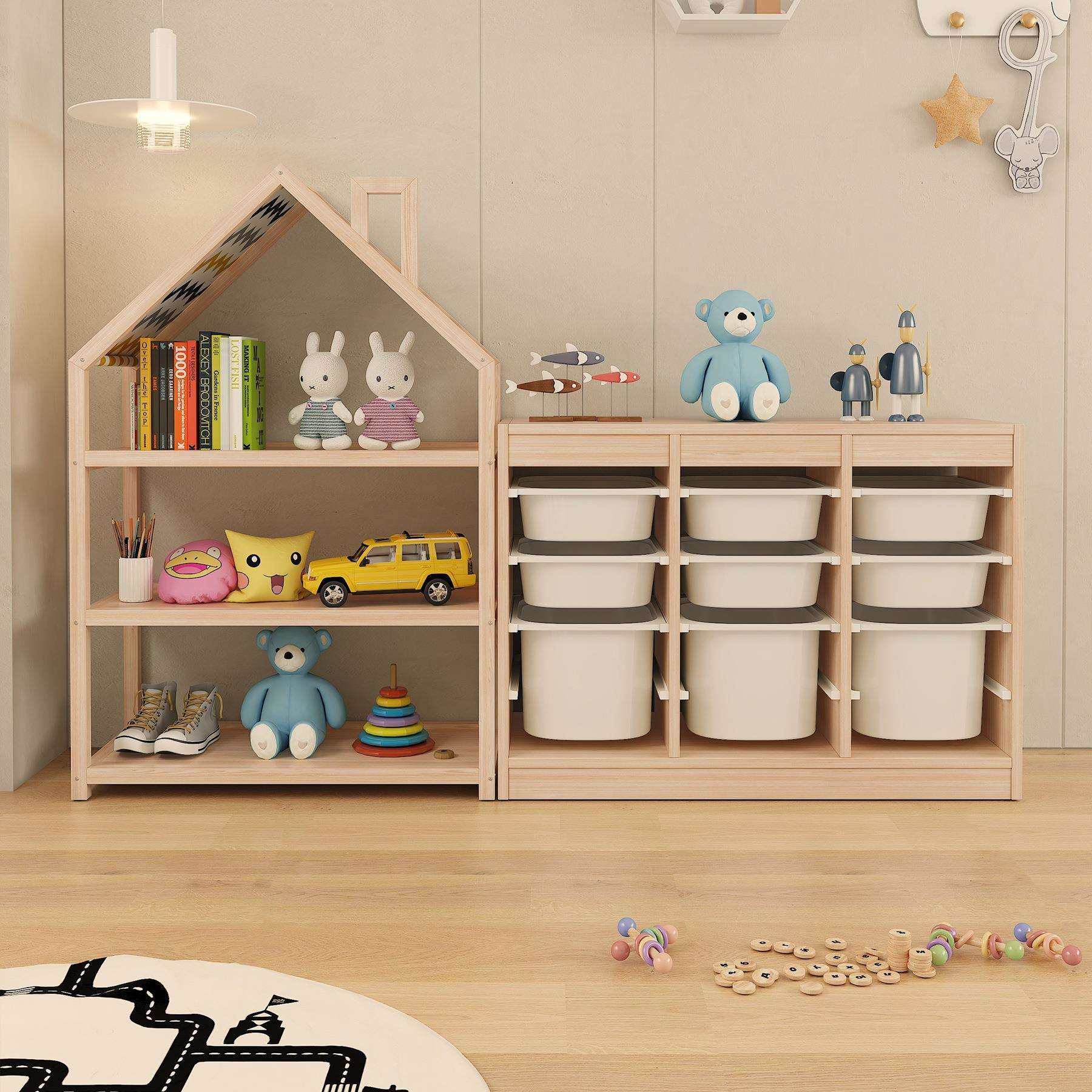 蘑菇森林玩具收纳架绘本架宝宝置物架实木家用落地儿童书架收纳柜