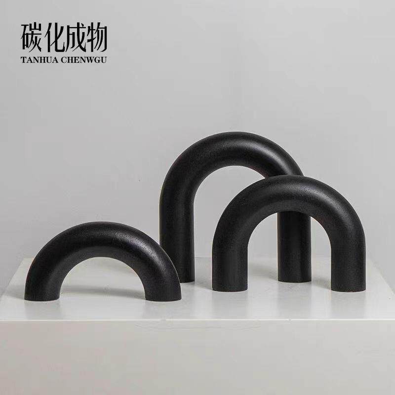 现代简约黑色木纹拱门几何艺术摆件样板间售楼处书房电视柜软装饰