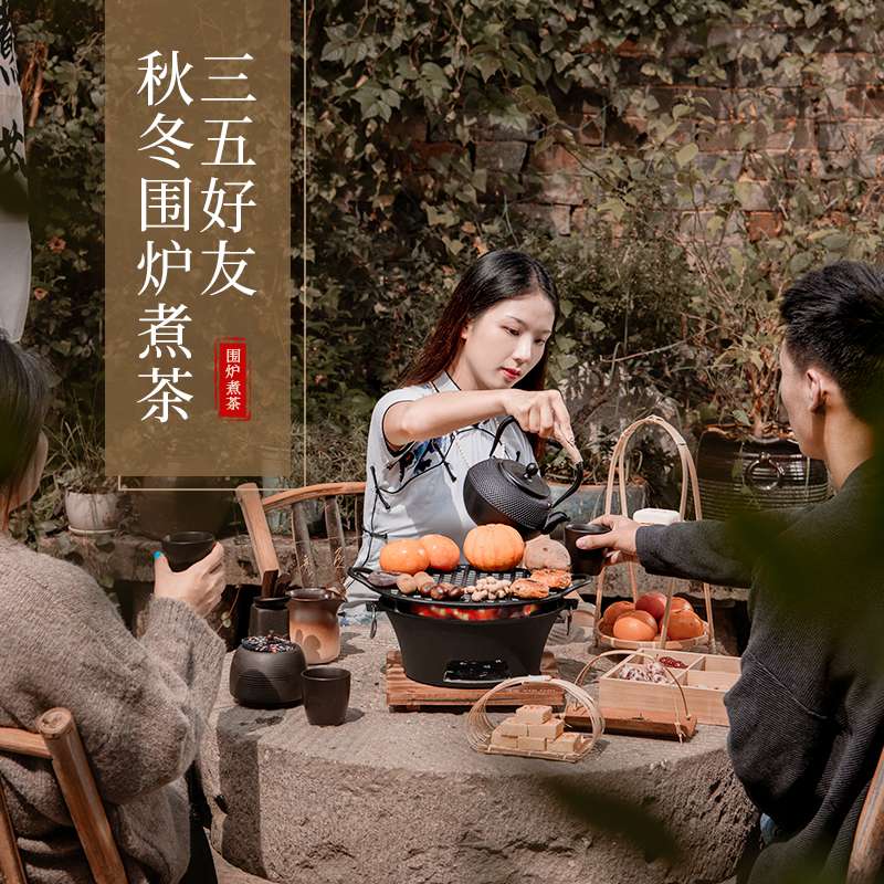 围炉煮茶铸铁炭炉烧烤炉家用炭炉庭院室内网红老式烤火碳炉子套装