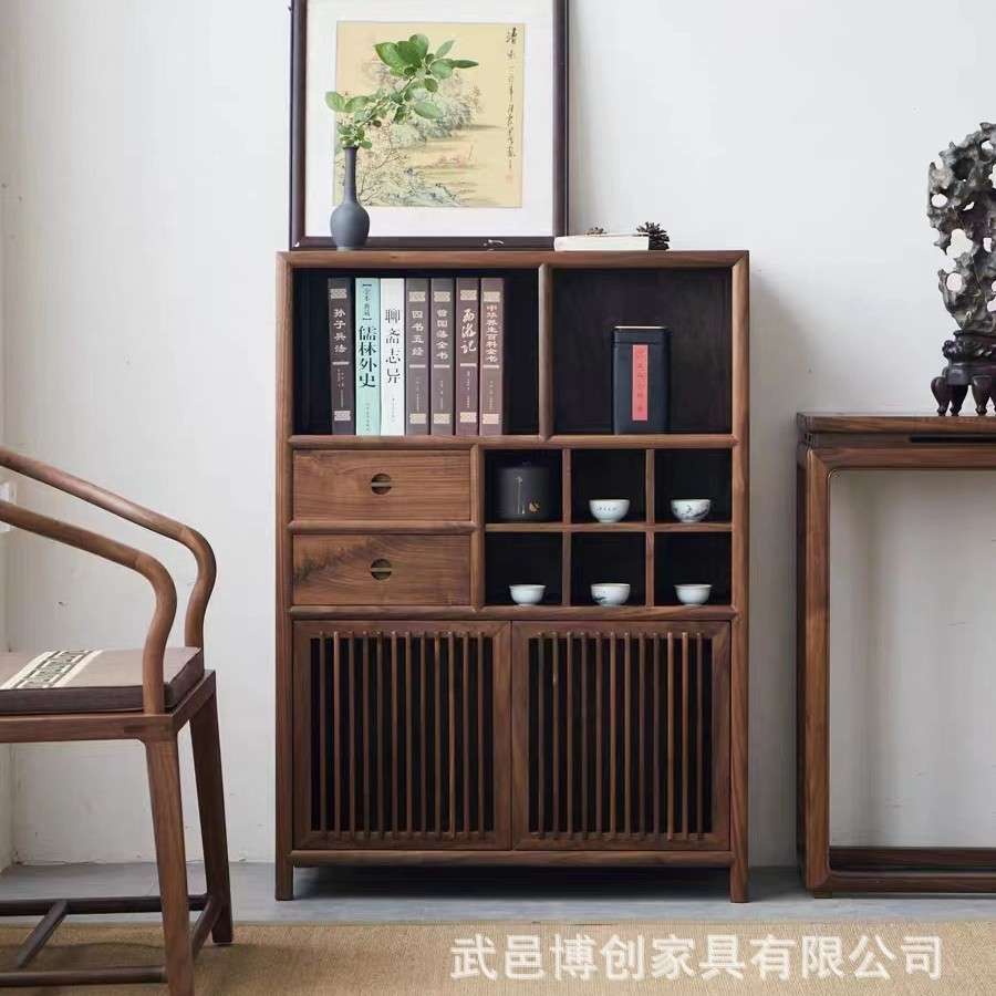 新中式实木餐边柜客厅边柜沙发侧边柜储物柜黑胡桃木茶桌柜茶边柜