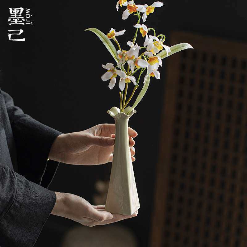 墨己仿宋绿釉花艺瓶茶道配件陶瓷花插茶艺茶道小瓶子茶室空间摆件