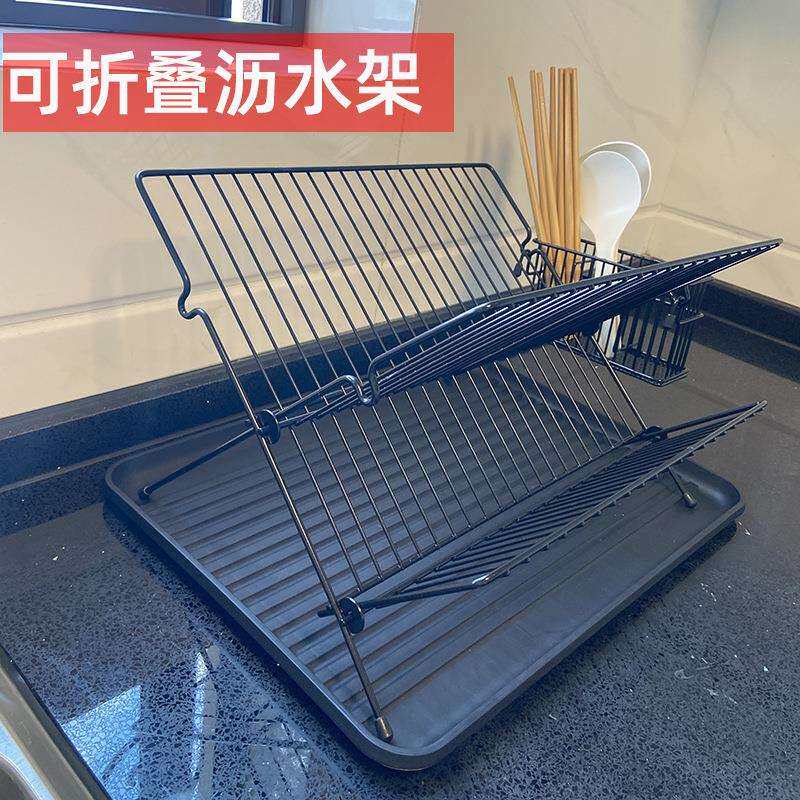型可折叠沥水碗架双层厨房沥水架台面式带接水盘碗碟收纳架