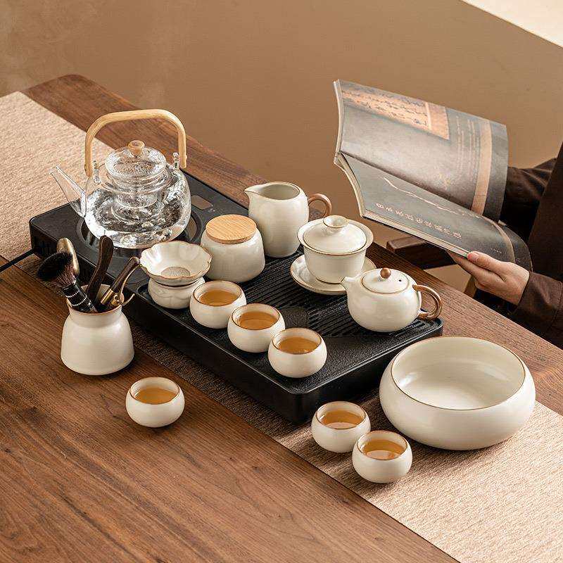 工厂米黄釉茶具全自动一体茶盘电陶炉煮茶简约泡茶茶台整套大茶海