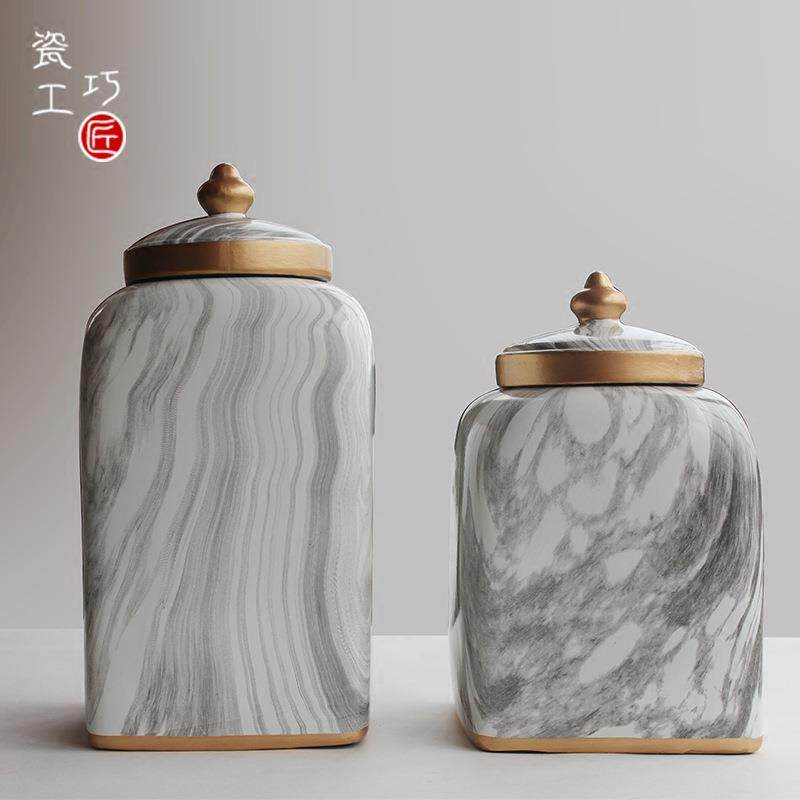 欧式美式复古客厅陶瓷四方罐摆件餐桌样板房家居电视柜装饰品白瓷