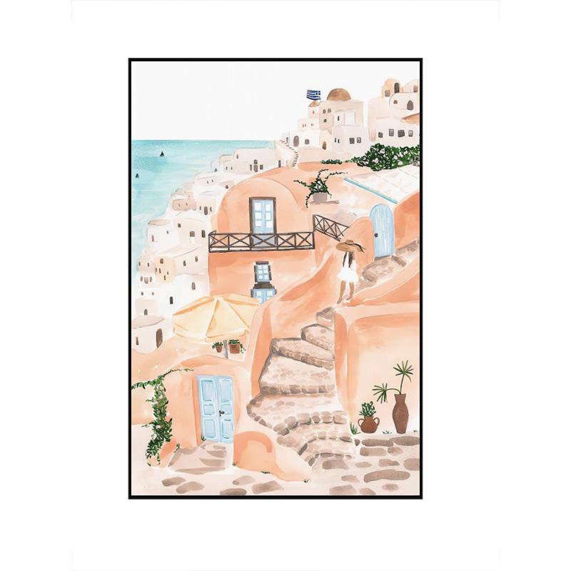 Santorini的海边夏日餐厅装饰画小众文艺墙壁拍摄背景挂画砂岩画