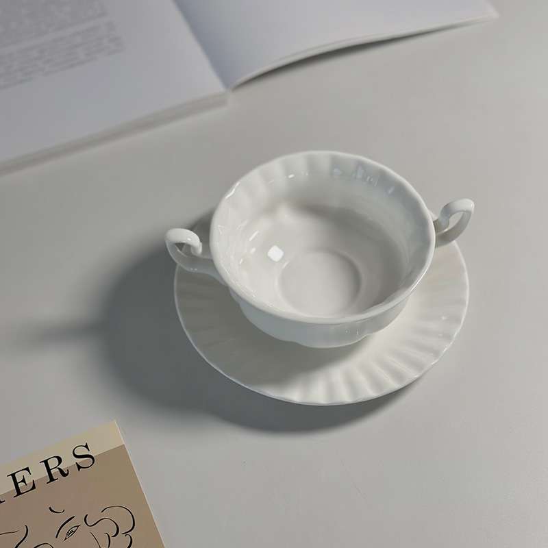 欧式螺纹双耳汤碗陶瓷西餐甜品碗骨瓷碗蒸蛋小汤盅餐具碗碟