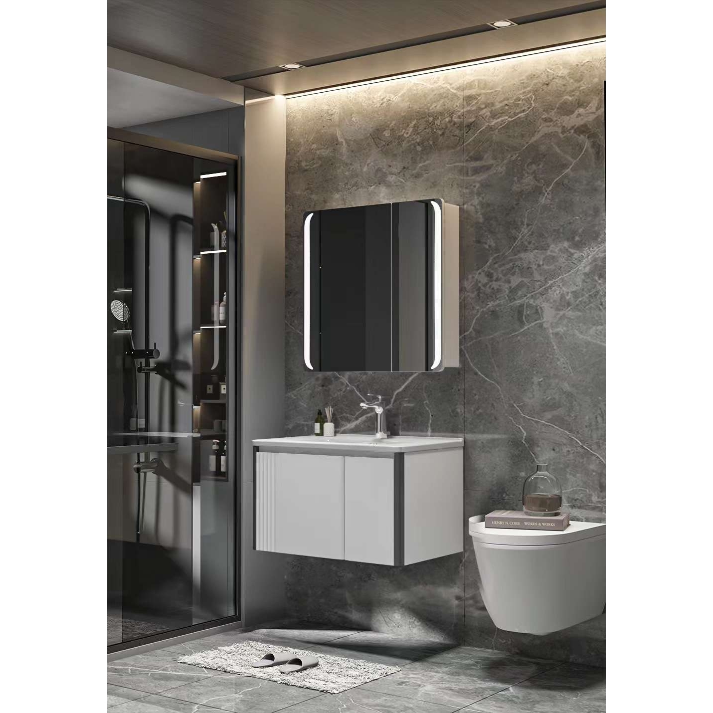 现代简约优质一体盆浴室柜组合现代简约智能实木钢琴烤漆柜卫生间