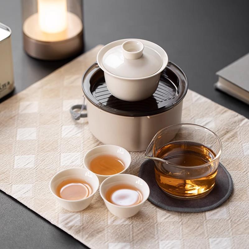 旅行茶具便携式盖碗快客杯茶盘收纳体一壶3杯玻璃公道户外泡茶具