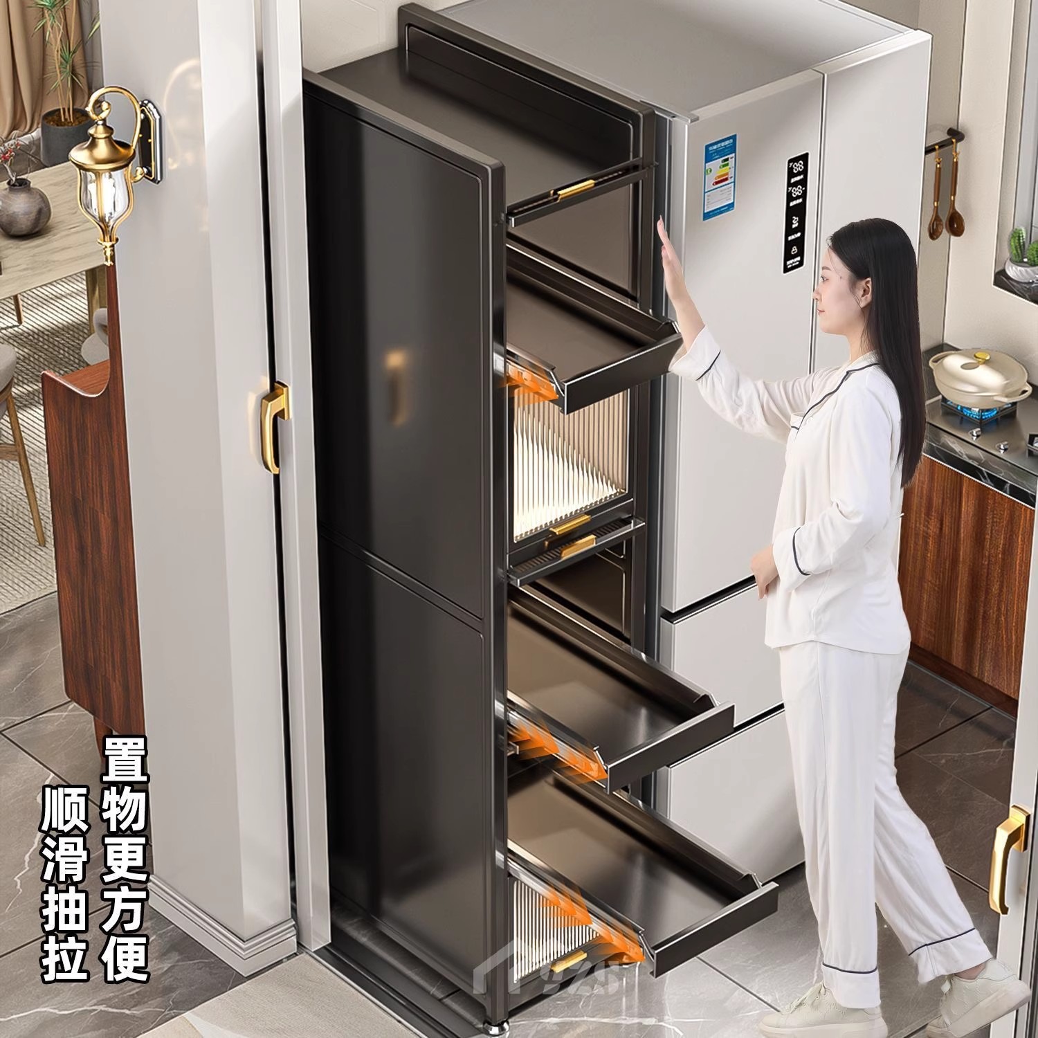 带门抽拉式厨房置物落地多层夹缝柜收纳家用烤箱微波炉多功能储物