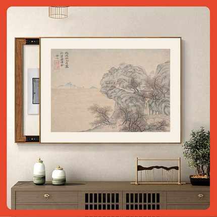 ∞新中式电表箱装饰画推拉配电箱遮挡免打孔中古风国画水墨山水