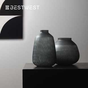 饰品花器 Best west 中式 竖楞纹烟灰黑色小口玻璃花瓶家居玄关软装