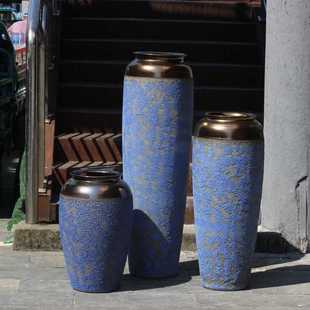 蓝色酒店别墅餐厅大号落地陶瓷花瓶门厅插花陶罐样板间软装 时尚 饰