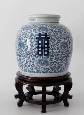 手绘喜字罐青花陶瓷花瓶桌面新房摆件花器客厅茶室复古储物罐插花